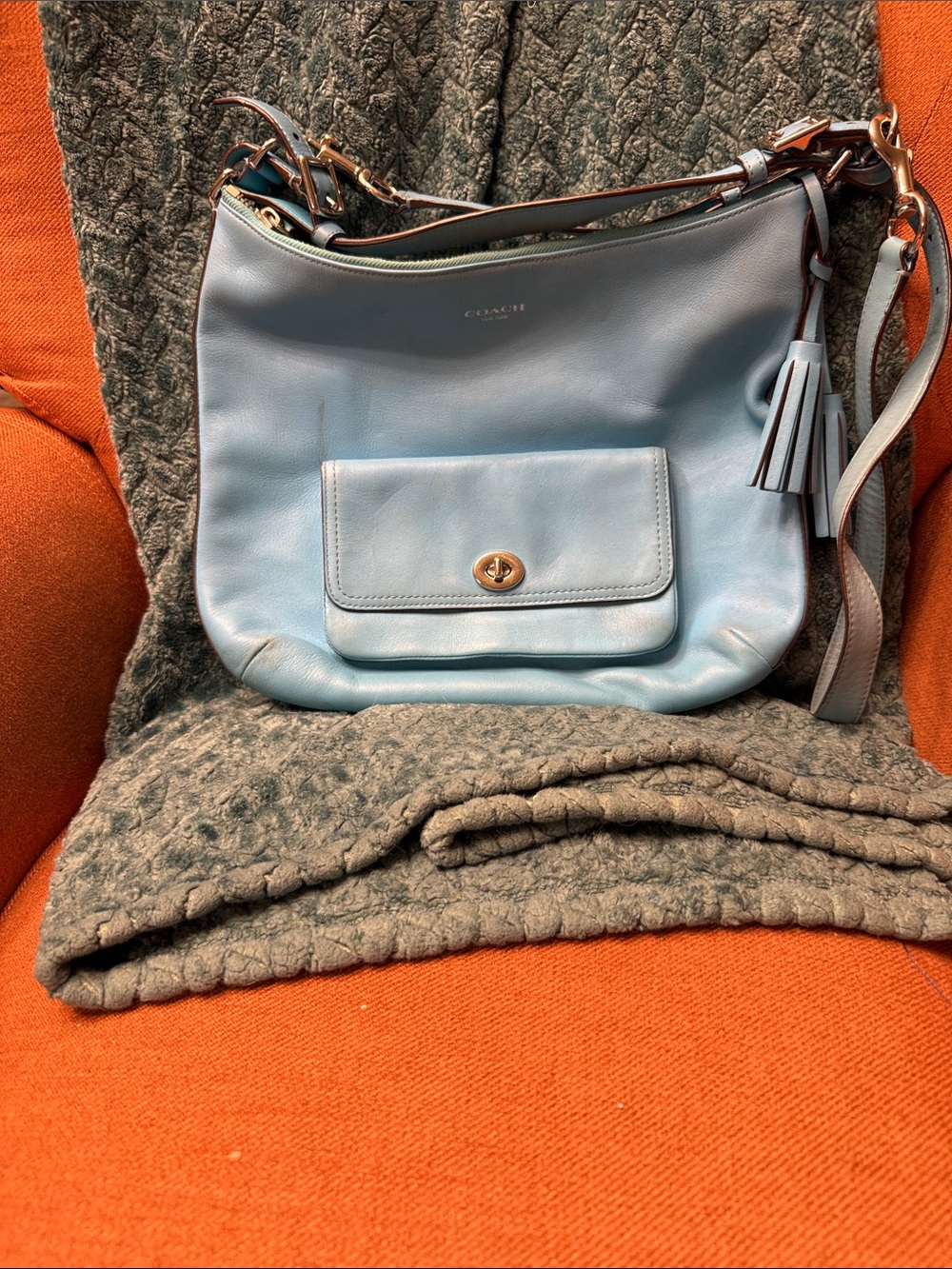 Coach Robin Egg Blue Leather Shoulder Hobo with Tassel